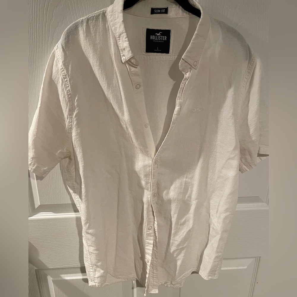 Hollister Men's White Button Down Linen Blend Shirt